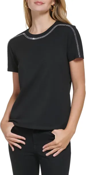 Calvin Klein Women's Rhinestone Trim Short Sleeve Sparkly Cotton Span Jersey Everyday T Shirt