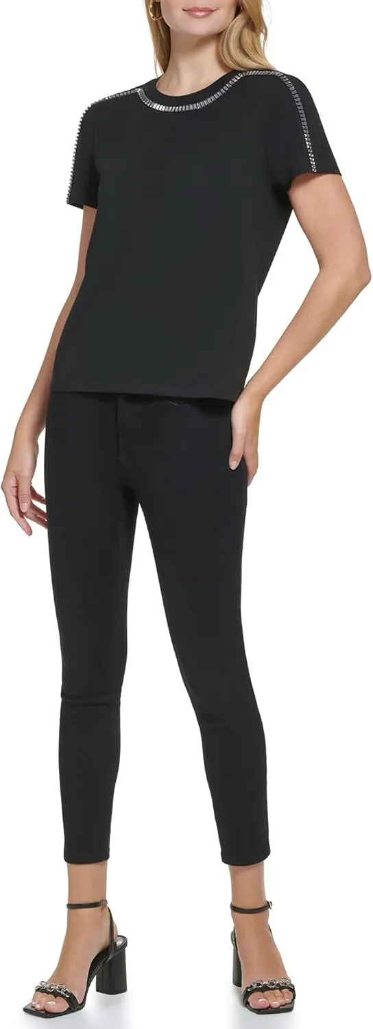 Calvin Klein Women's Rhinestone Trim Short Sleeve Sparkly Cotton Span Jersey Everyday T Shirt