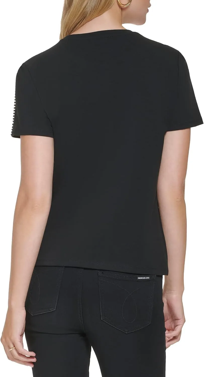 Calvin Klein Women's Rhinestone Trim Short Sleeve Sparkly Cotton Span Jersey Everyday T Shirt