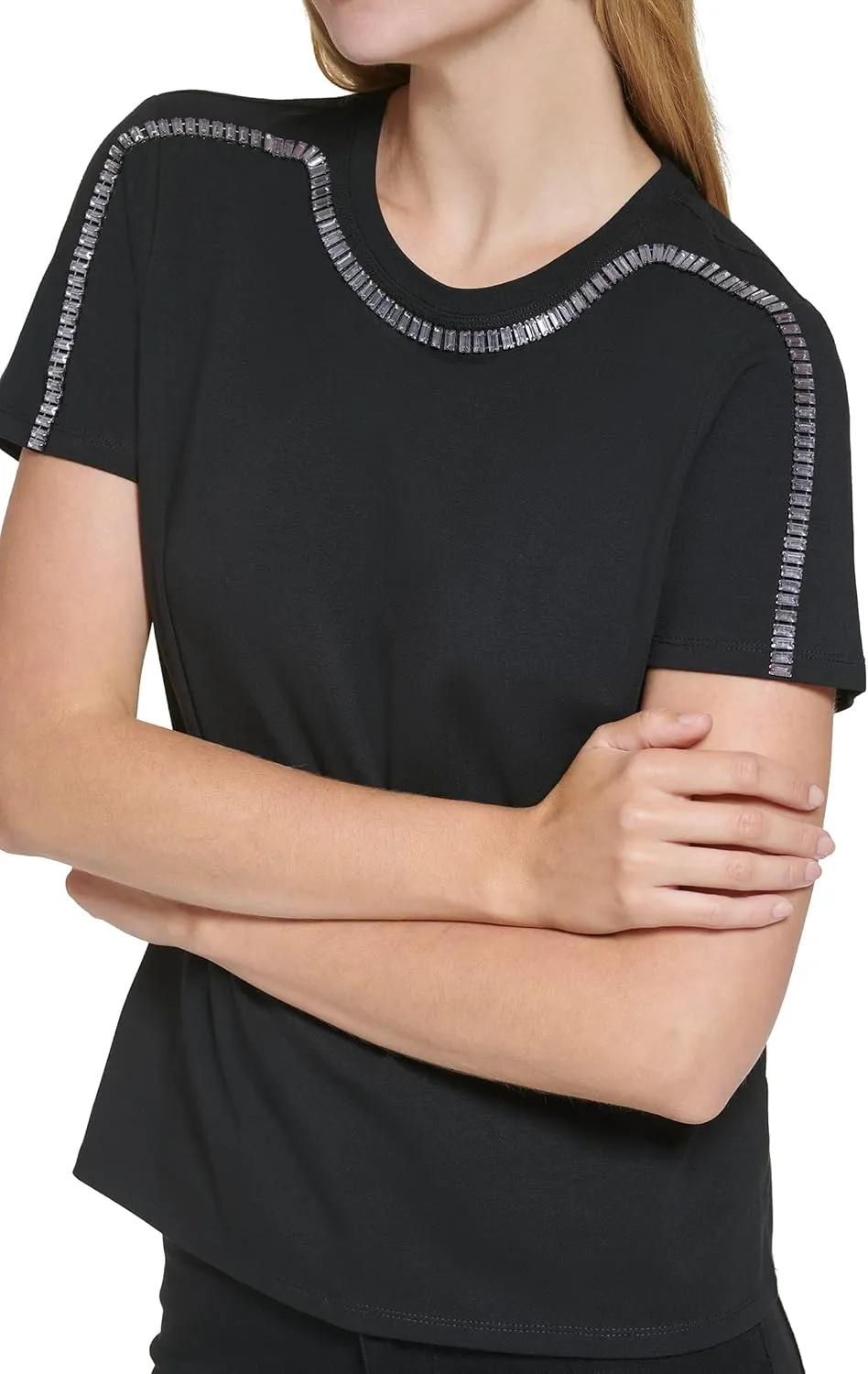 Calvin Klein Women's Rhinestone Trim Short Sleeve Sparkly Cotton Span Jersey Everyday T Shirt
