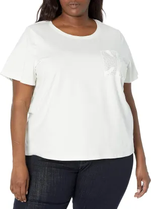 Calvin Klein Women's Soft Rhinestone Detail Sparkly Cotton Span Jersey Everyday T Shirt