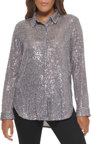 Calvin Klein Women's Sparkly Tunic Long Sleeve Sequin Mesh Oversize Blouse