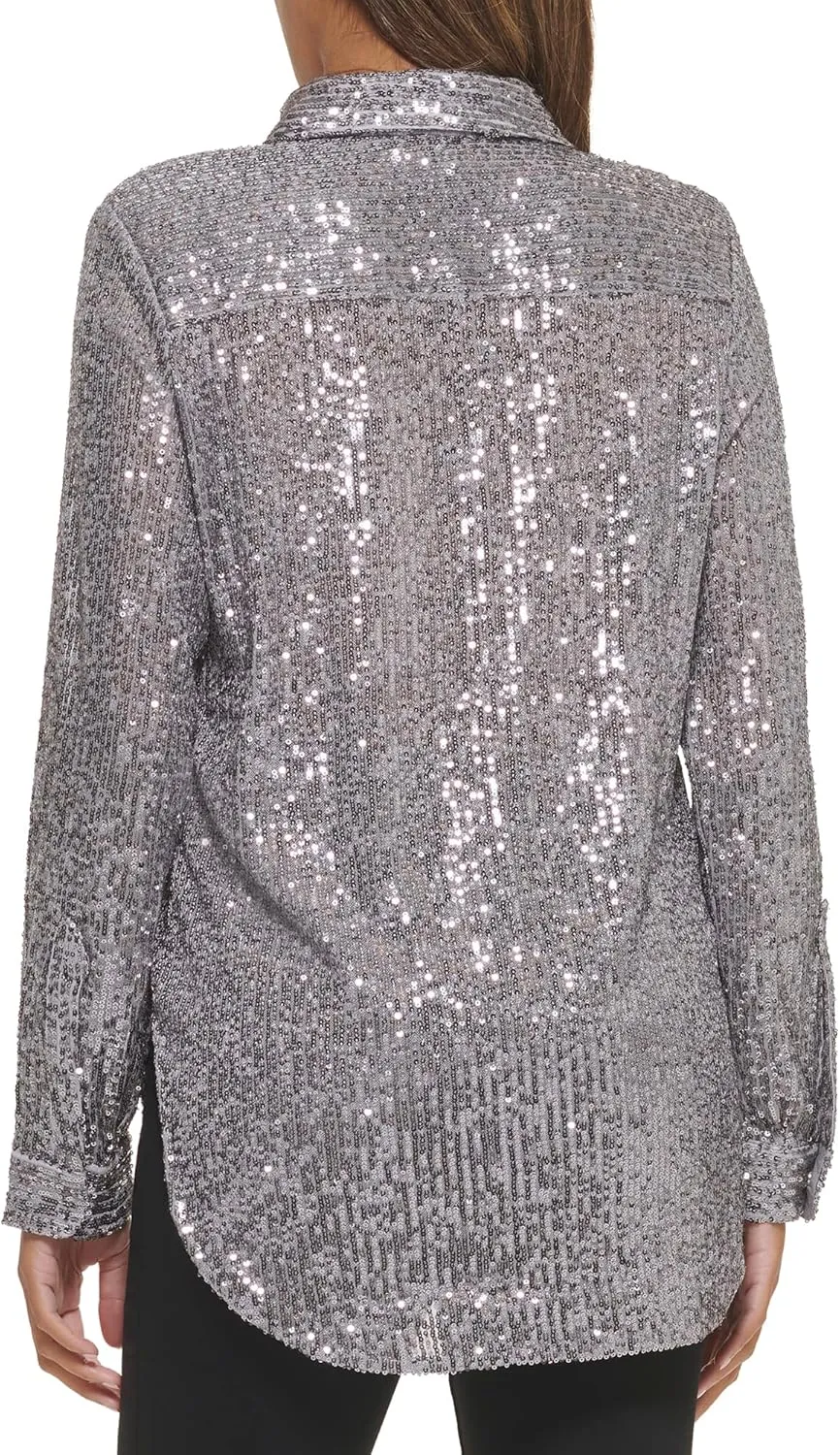 Calvin Klein Women's Sparkly Tunic Long Sleeve Sequin Mesh Oversize Blouse