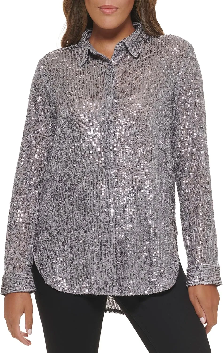 Calvin Klein Women's Sparkly Tunic Long Sleeve Sequin Mesh Oversize Blouse