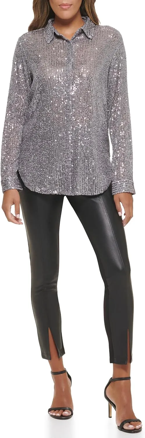 Calvin Klein Women's Sparkly Tunic Long Sleeve Sequin Mesh Oversize Blouse