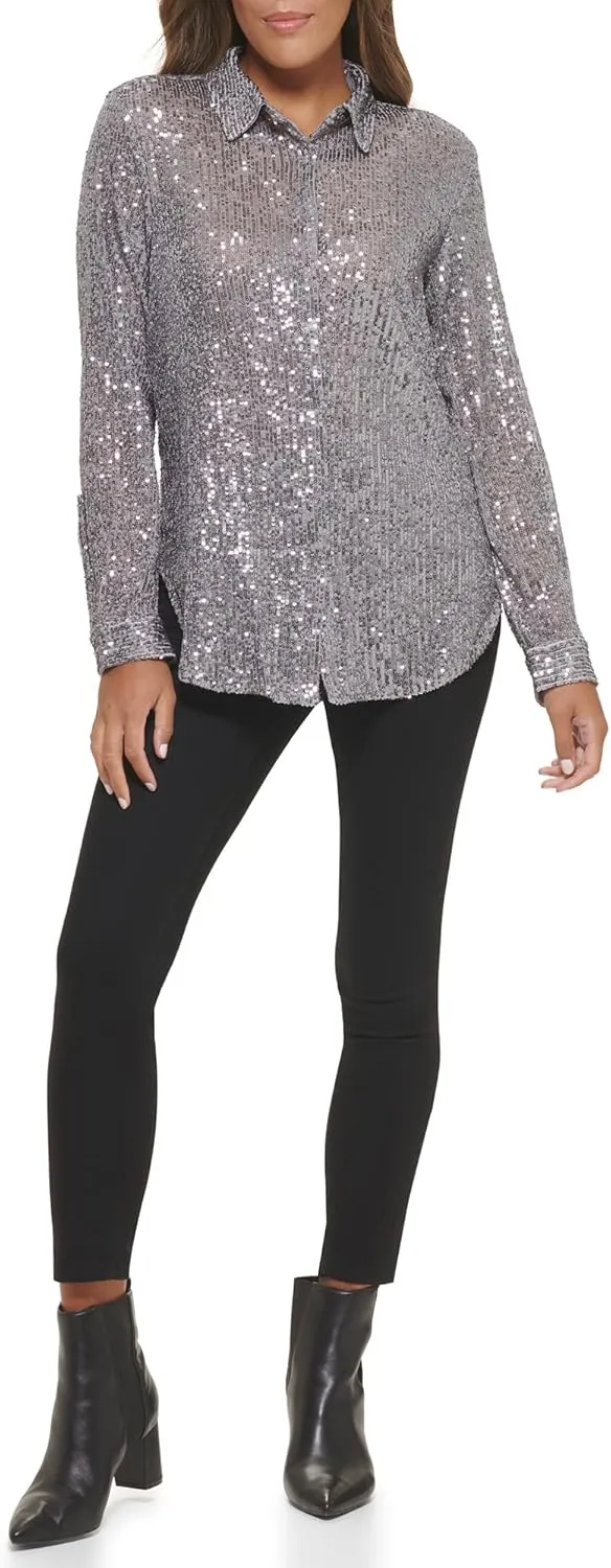 Calvin Klein Women's Sparkly Tunic Long Sleeve Sequin Mesh Oversize Blouse