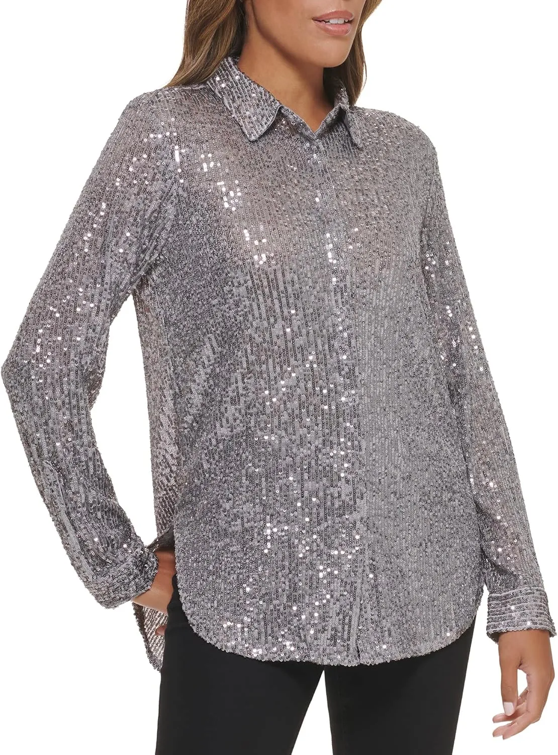 Calvin Klein Women's Sparkly Tunic Long Sleeve Sequin Mesh Oversize Blouse