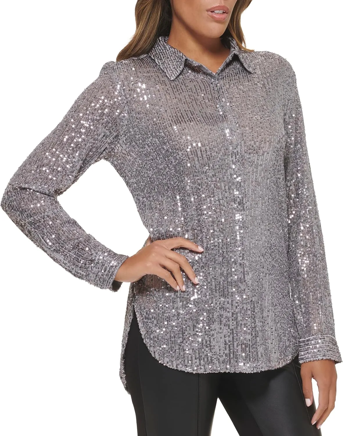 Calvin Klein Women's Sparkly Tunic Long Sleeve Sequin Mesh Oversize Blouse