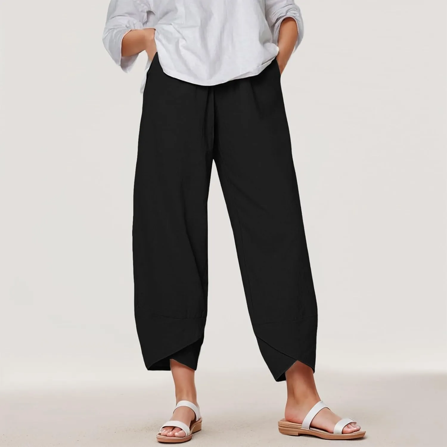 Capri Pants for Women Plus Size Linen Pants Wide Leg with Pockets Drawstring Casual Flowy Palazzo Linen Pants Women