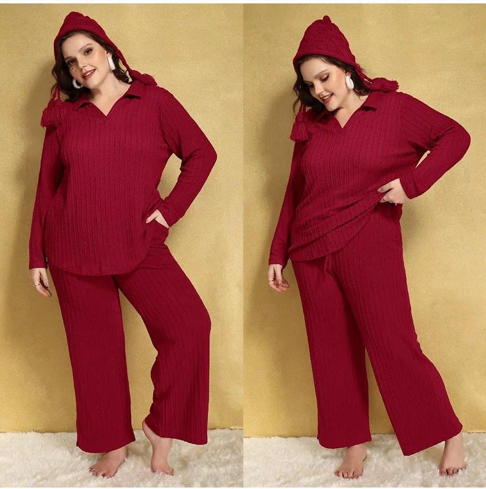 CARCOS Plus Size Pants for Women Cable Knit Lounge Pants Elastic High Waist Palazzo Pants Casual Wide Leg Pants with Pockets