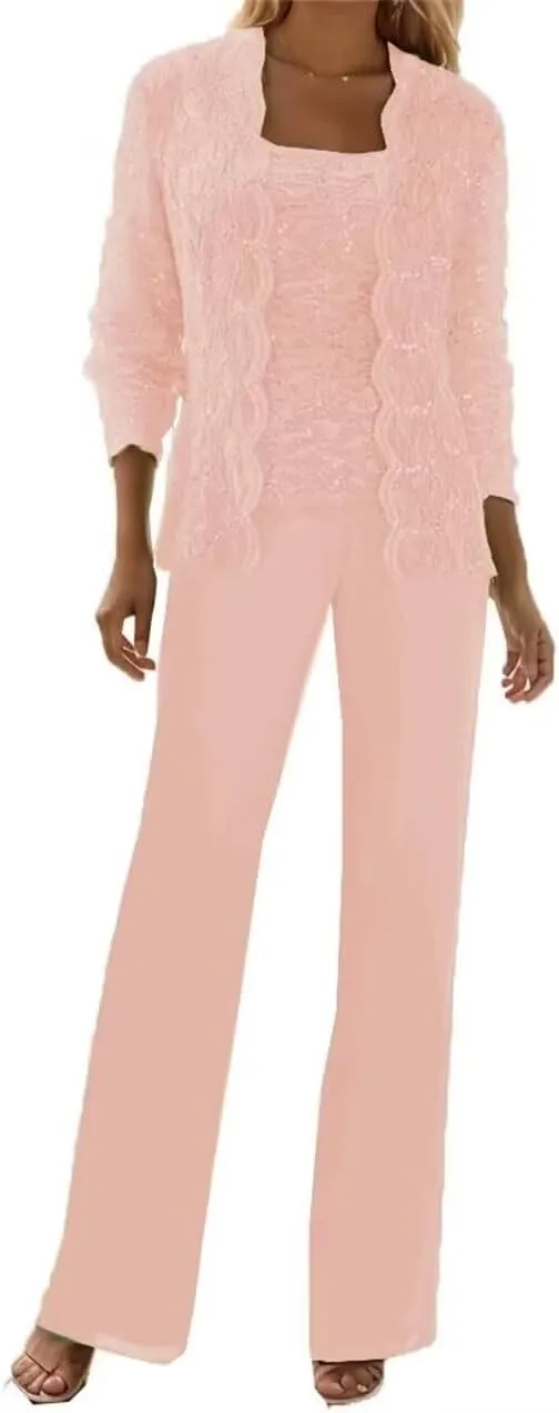 Chiffon 3 Pieces Mother of The Bride Pant Suits for Wedding Lace Sequin Pant Suits for Women Dressy Party