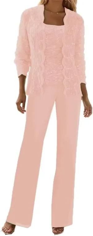 Chiffon 3 Pieces Mother of The Bride Pant Suits for Wedding Lace Sequin Pant Suits for Women Dressy Party