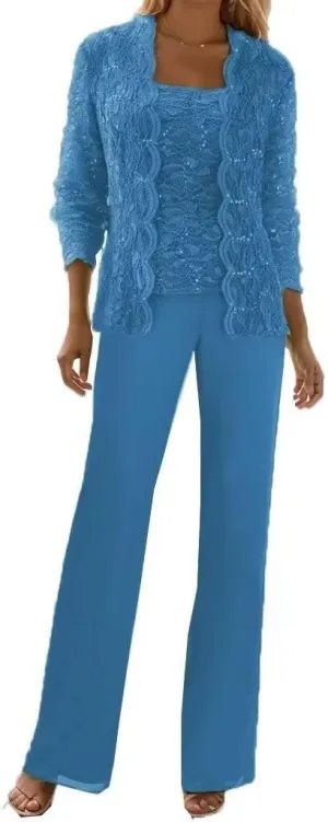Chiffon 3 Pieces Mother of The Bride Pant Suits for Wedding Lace Sequin Pant Suits for Women Dressy Party