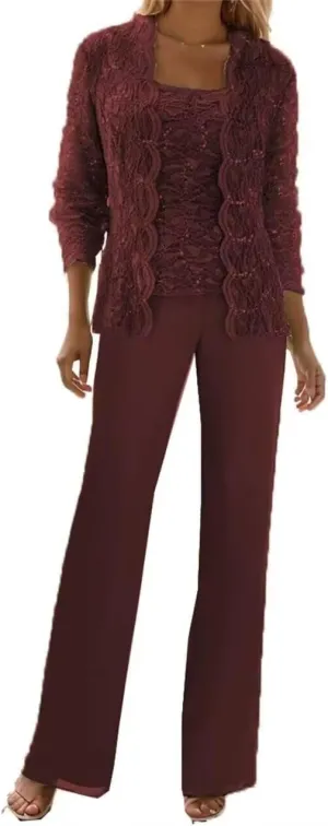 Chiffon 3 Pieces Mother of The Bride Pant Suits for Wedding Lace Sequin Pant Suits for Women Dressy Party