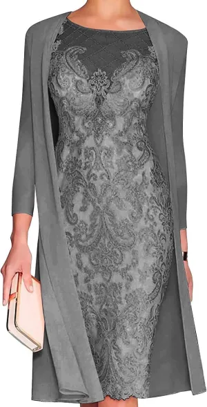 Chiffon Mother of The Bride Dresses with Jackets Long Sleeves Lace Formal Evening Dress