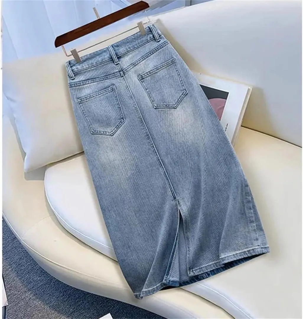 Chinese Style Denim Skirt for Women Summer High Waisted Embroidered Mid-Length A-Line Jeans Skirts