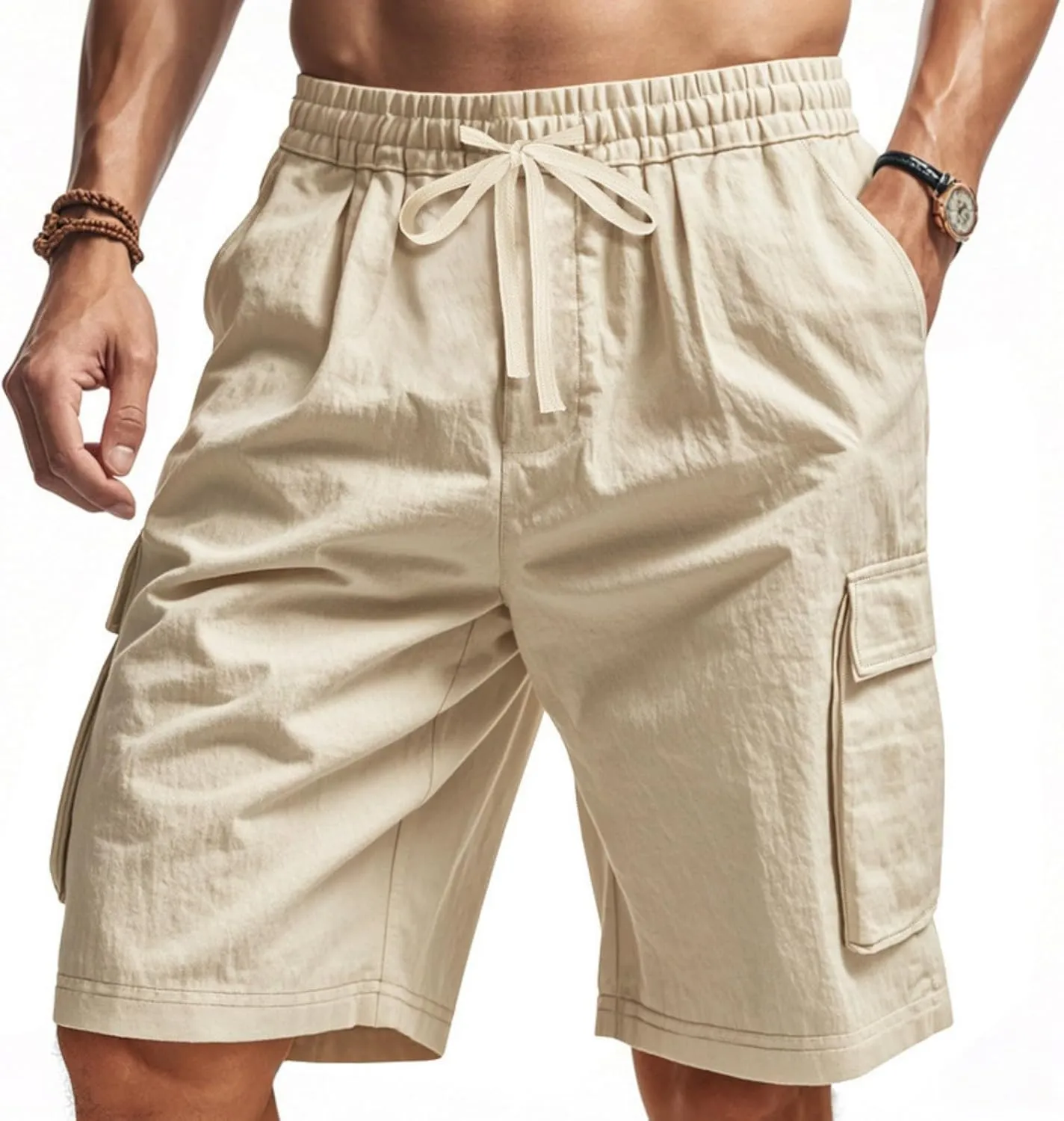 Chino Cargo Shorts for Men Elastic Waist Drawstring Loose Fishing Hiking Long Shorts Work Lounge Pants with Pockets