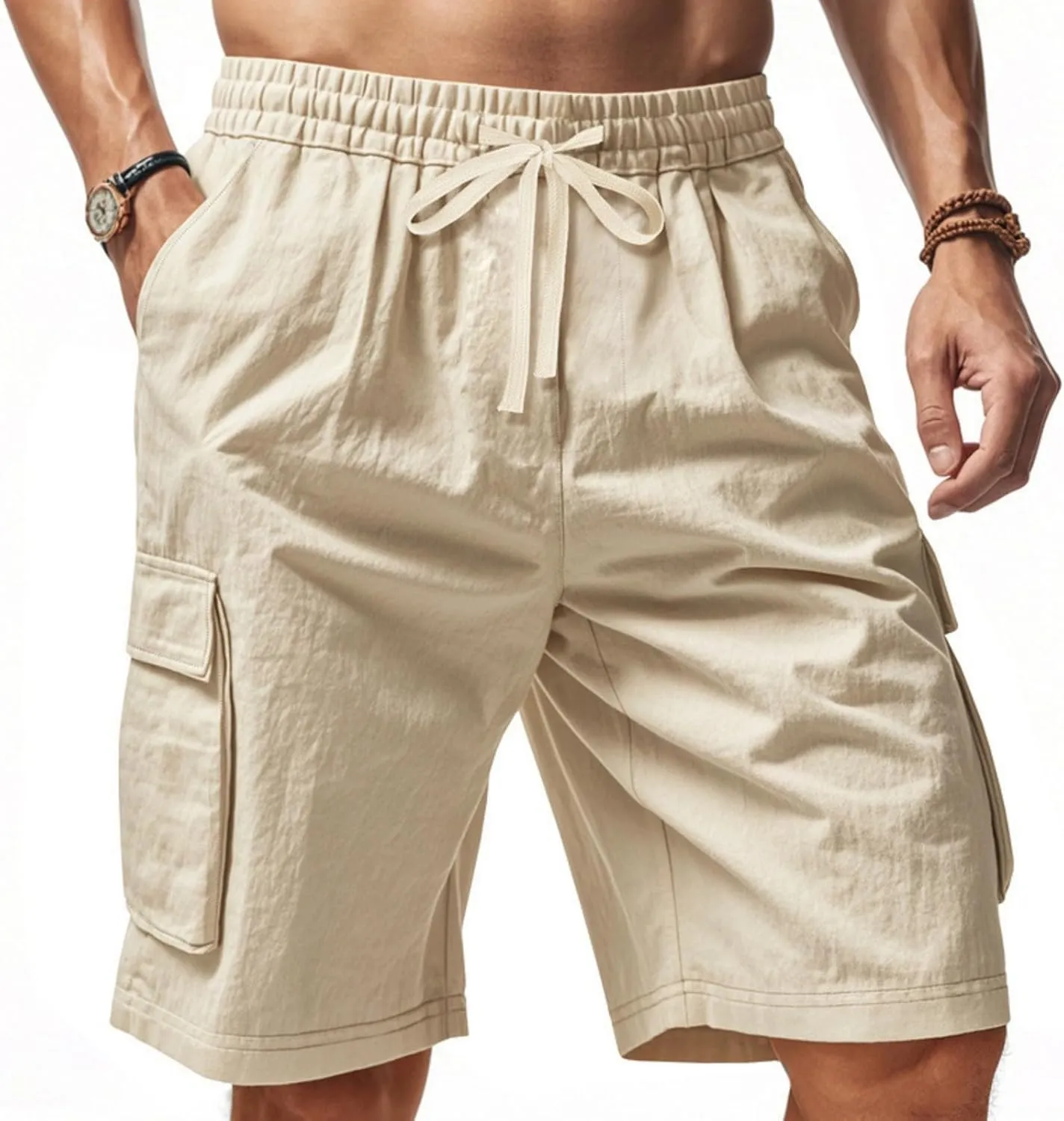 Chino Cargo Shorts for Men Elastic Waist Drawstring Loose Fishing Hiking Long Shorts Work Lounge Pants with Pockets