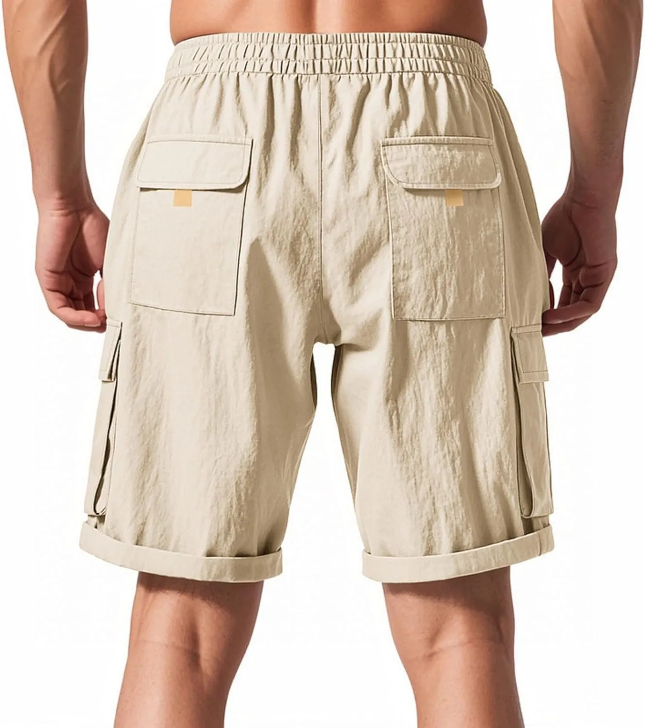 Chino Cargo Shorts for Men Elastic Waist Drawstring Loose Fishing Hiking Long Shorts Work Lounge Pants with Pockets