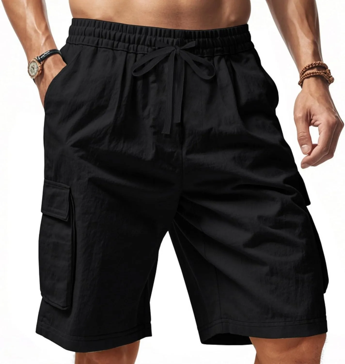 Chino Cargo Shorts for Men Elastic Waist Drawstring Loose Fishing Hiking Long Shorts Work Lounge Pants with Pockets