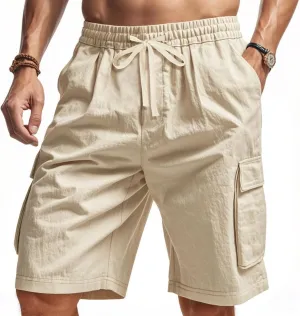 Chino Cargo Shorts for Men Elastic Waist Drawstring Loose Fishing Hiking Long Shorts Work Lounge Pants with Pockets