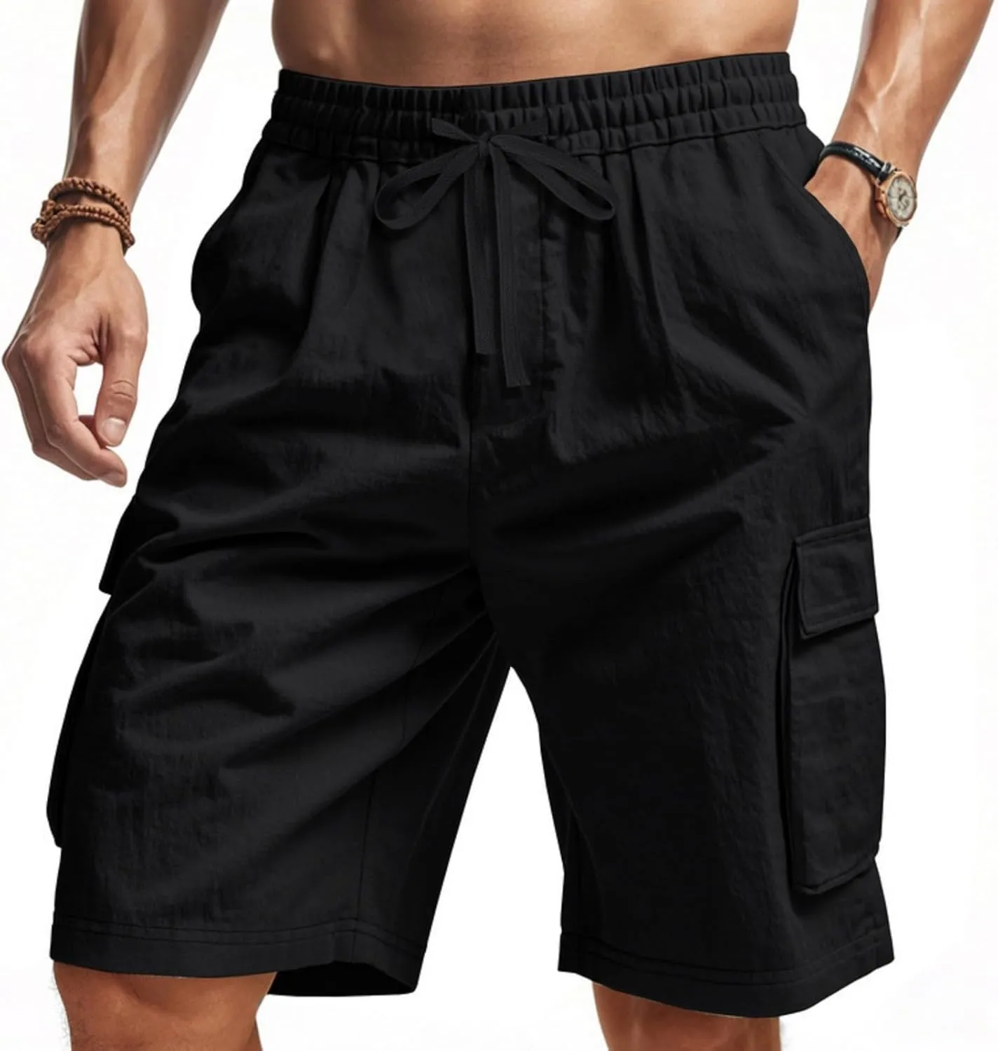 Chino Cargo Shorts for Men Elastic Waist Drawstring Loose Fishing Hiking Long Shorts Work Lounge Pants with Pockets