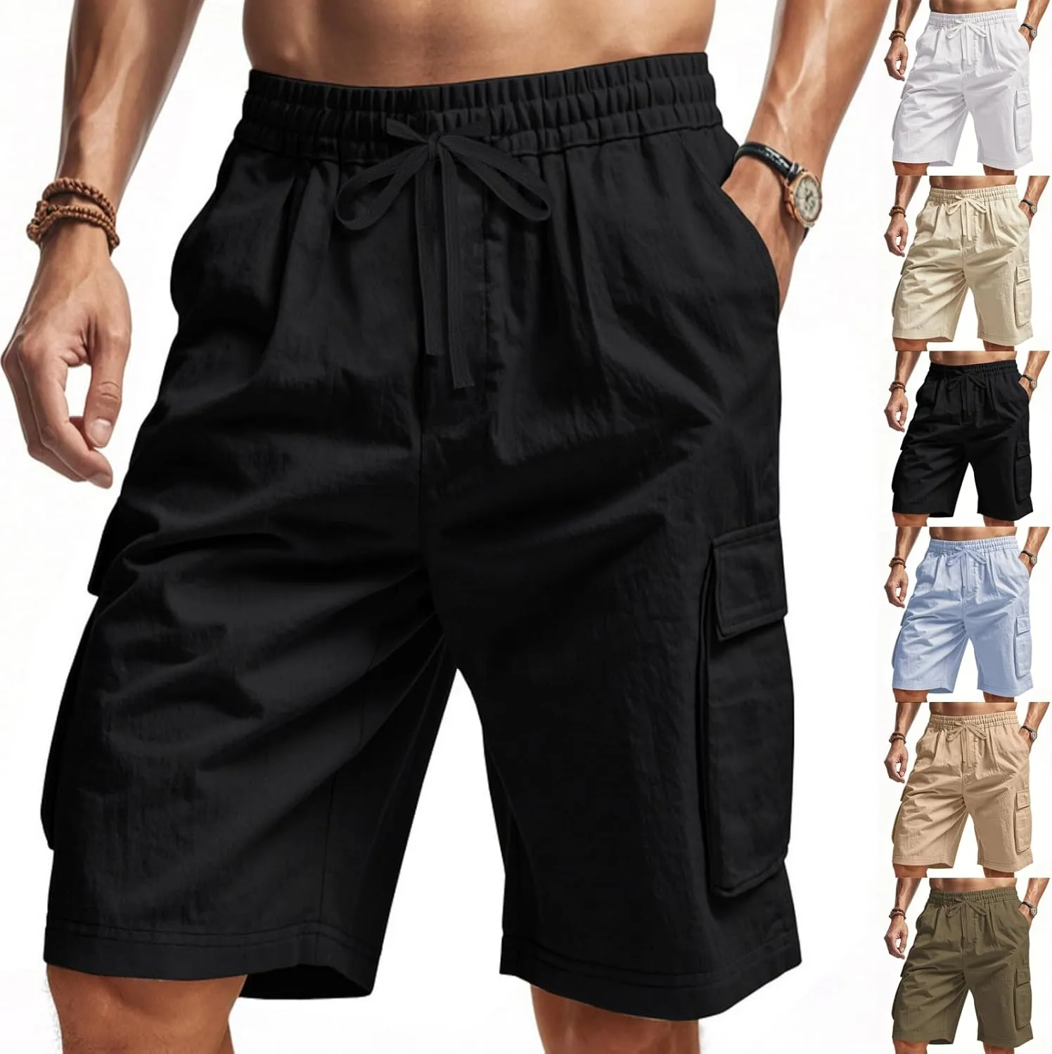 Chino Cargo Shorts for Men Elastic Waist Drawstring Loose Fishing Hiking Long Shorts Work Lounge Pants with Pockets