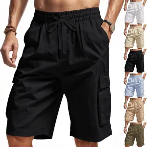 Chino Cargo Shorts for Men Elastic Waist Drawstring Loose Fishing Hiking Long Shorts Work Lounge Pants with Pockets
