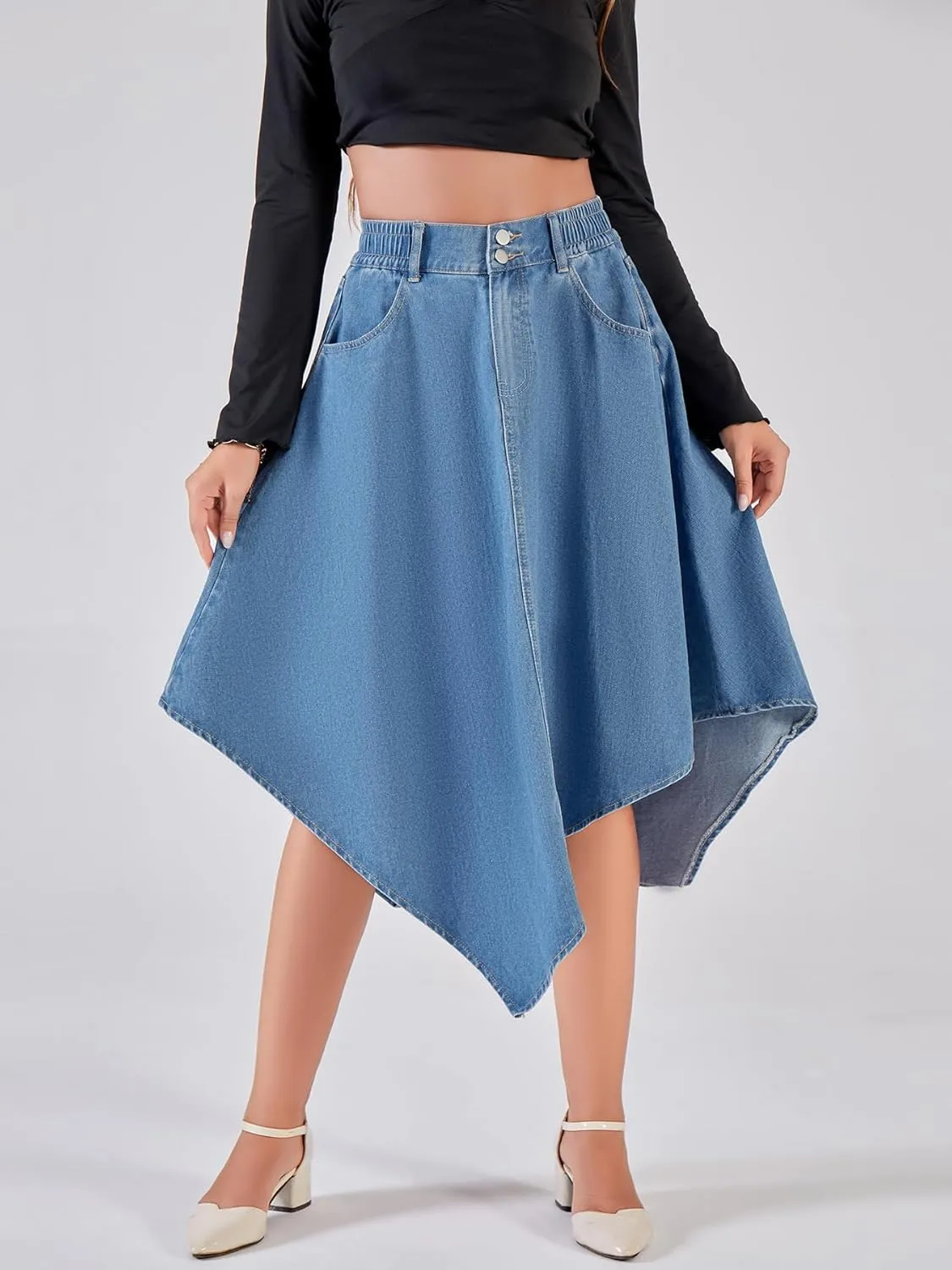 chouyatou Women's Distressed Irregular Denim Skirt Elastic Waist A-Line Handkerchief Jean Midi Skirt with Pockets