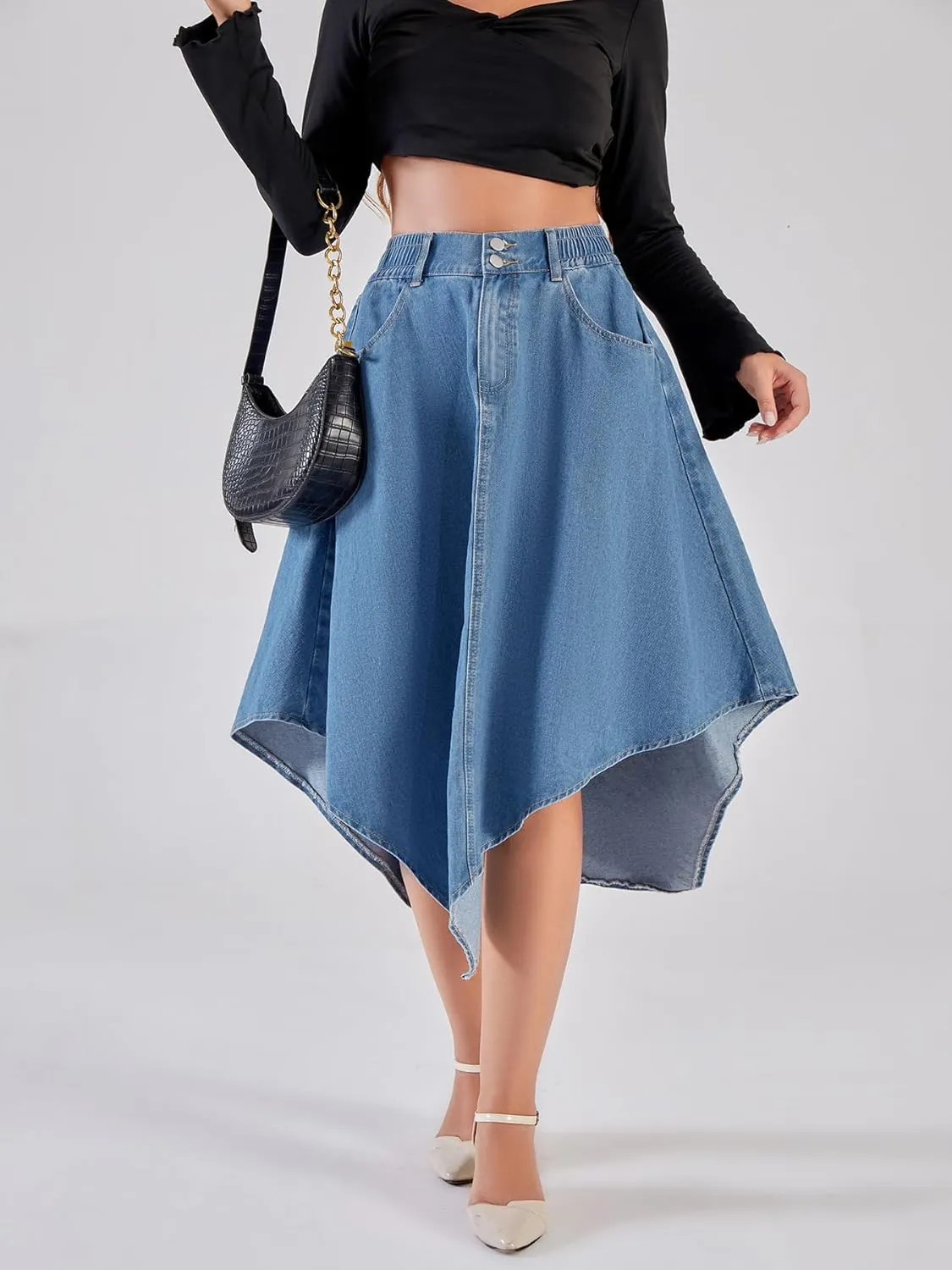 chouyatou Women's Distressed Irregular Denim Skirt Elastic Waist A-Line Handkerchief Jean Midi Skirt with Pockets