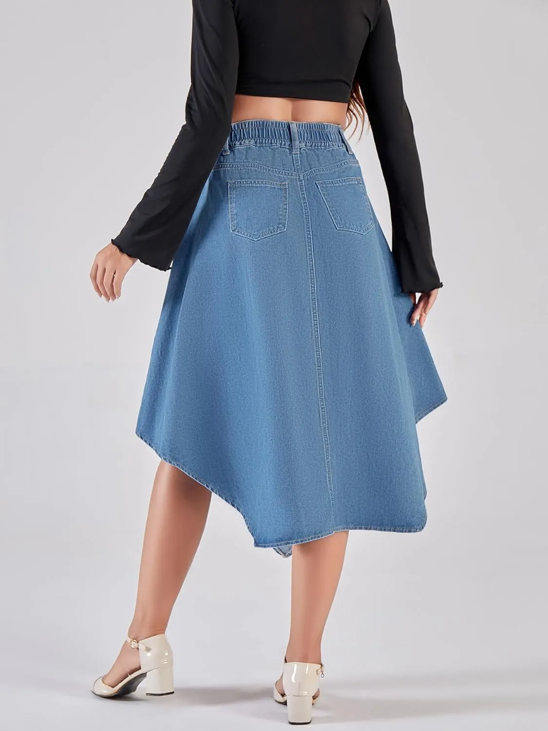 chouyatou Women's Distressed Irregular Denim Skirt Elastic Waist A-Line Handkerchief Jean Midi Skirt with Pockets