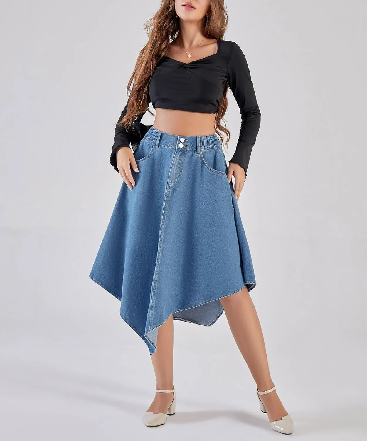 chouyatou Women's Distressed Irregular Denim Skirt Elastic Waist A-Line Handkerchief Jean Midi Skirt with Pockets