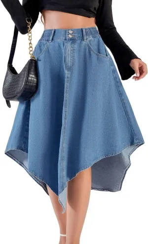 chouyatou Women's Distressed Irregular Denim Skirt Elastic Waist A-Line Handkerchief Jean Midi Skirt with Pockets
