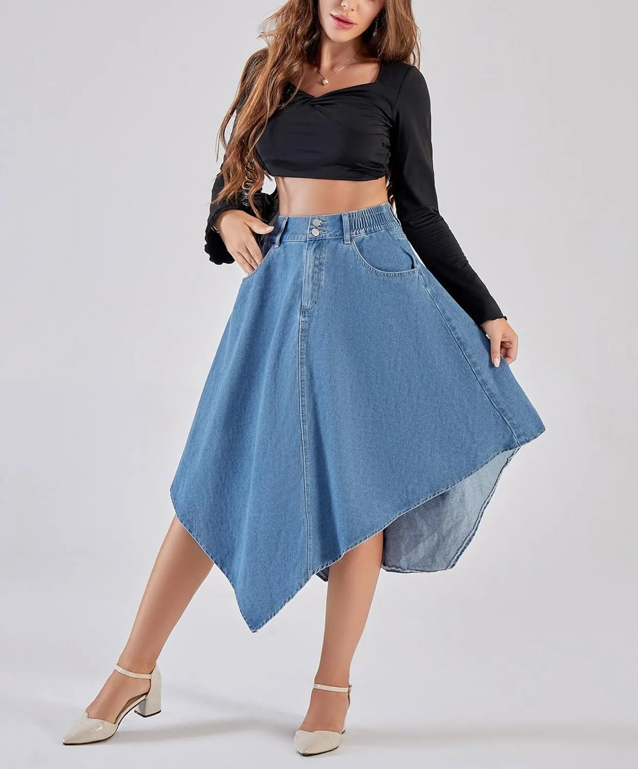 chouyatou Women's Distressed Irregular Denim Skirt Elastic Waist A-Line Handkerchief Jean Midi Skirt with Pockets