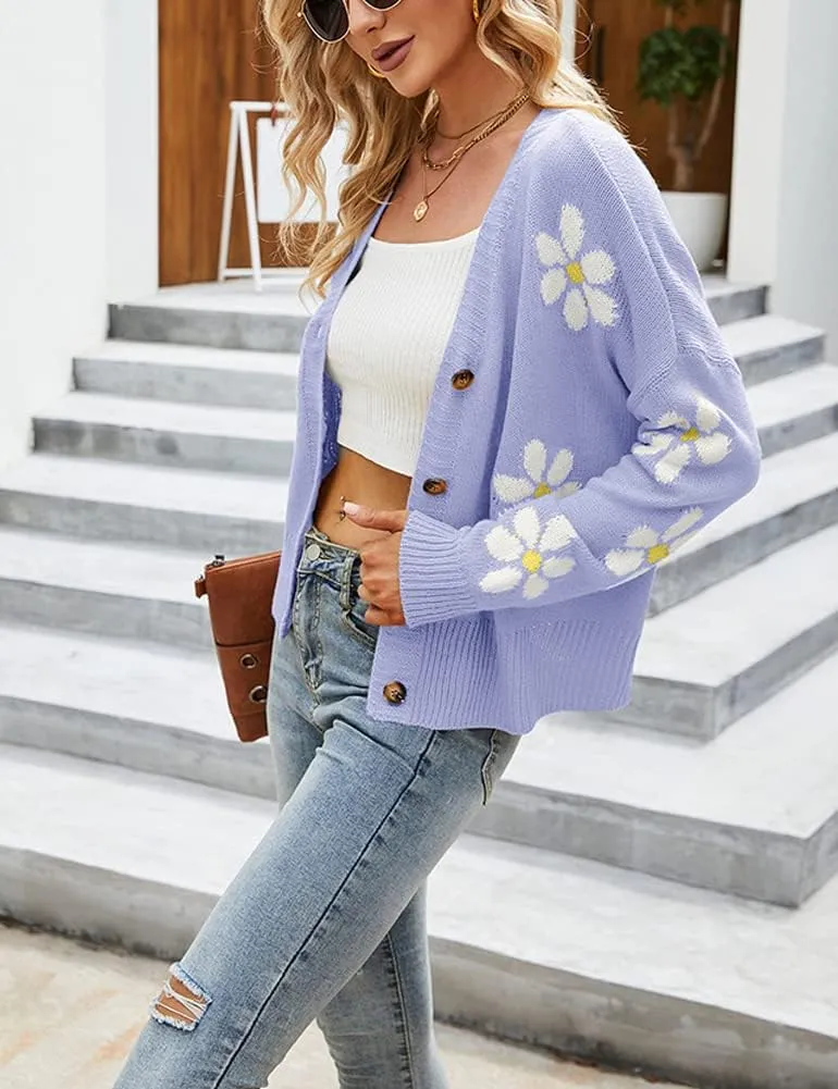 chouyatou Women's Fall Cute Daisy Button Jacquard Knit Cardigan Sweater Jacket