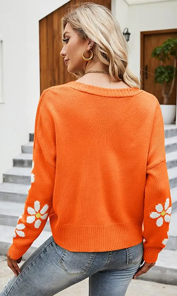 chouyatou Women's Fall Cute Daisy Button Jacquard Knit Cardigan Sweater Jacket