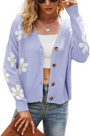 chouyatou Women's Fall Cute Daisy Button Jacquard Knit Cardigan Sweater Jacket