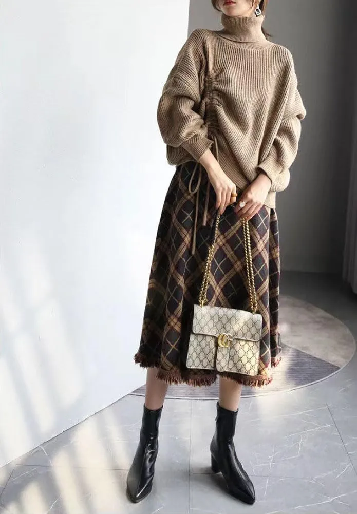 chouyatou Women's Winter Plaid Knit Skirt Tassel Hem High Elastic Waist Swing Midi Long Skirt