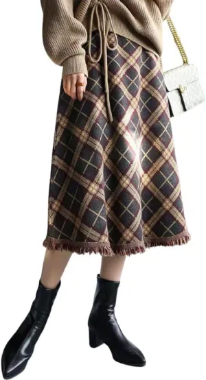 chouyatou Women's Winter Plaid Knit Skirt Tassel Hem High Elastic Waist Swing Midi Long Skirt