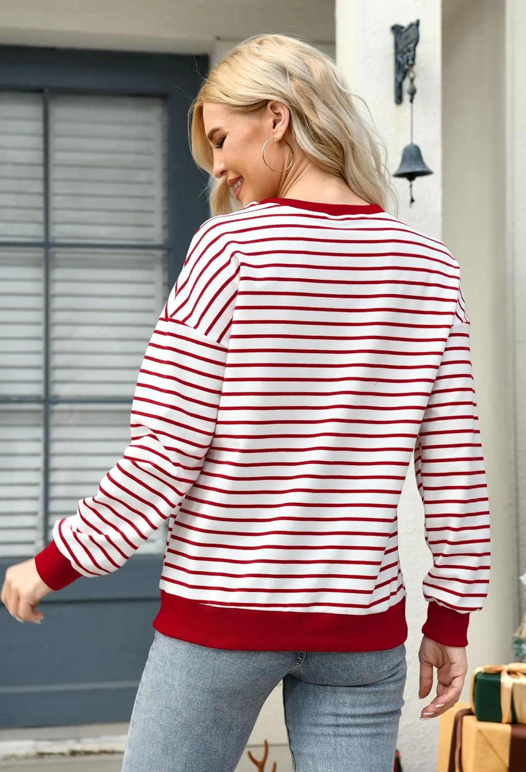 Christmas Sweatshirt for Women Merry Sweater Embroidered Striped Crewneck Sweatshirts Holiday Long Sleeve Pullover
