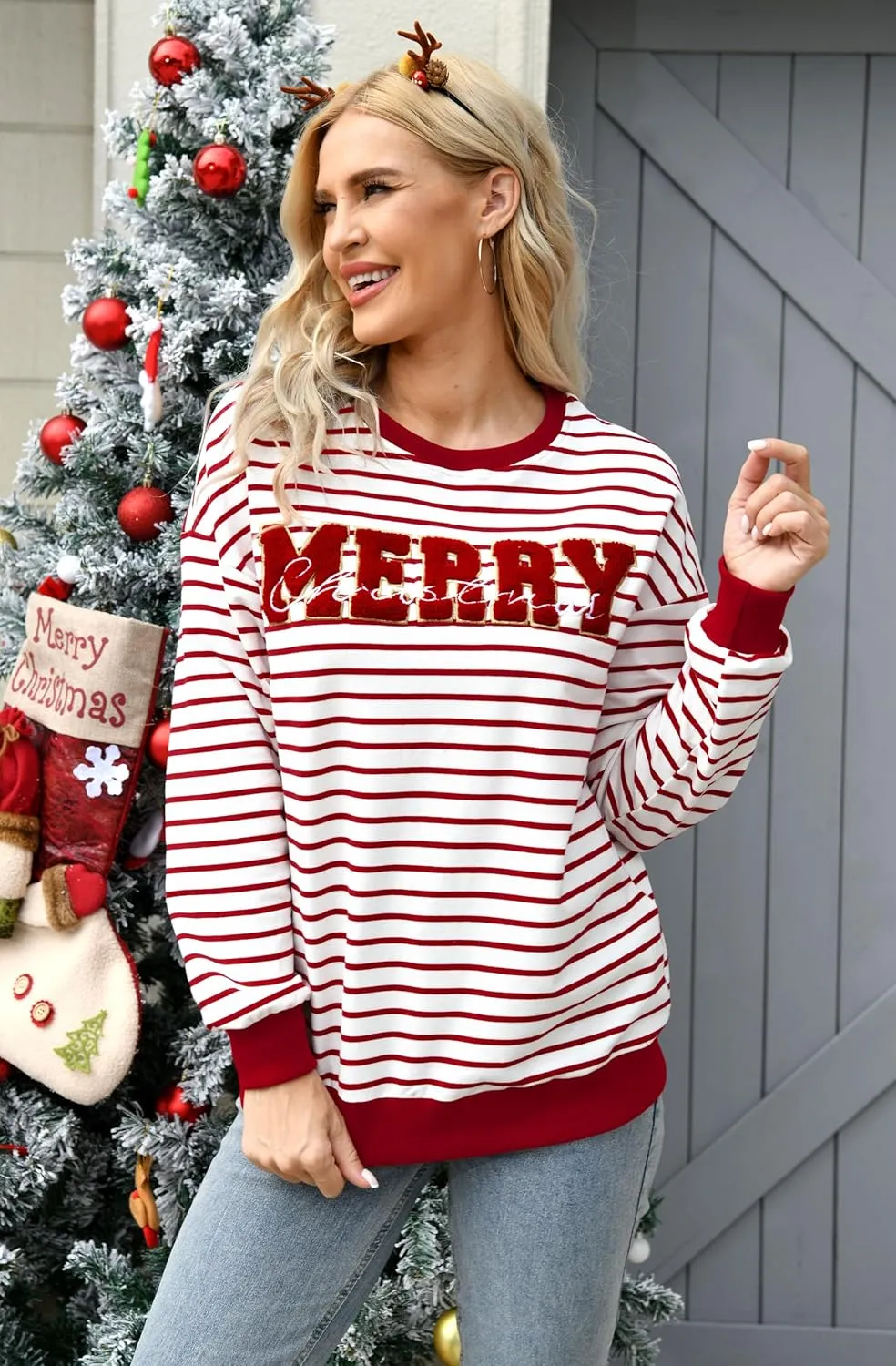 Christmas Sweatshirt for Women Merry Sweater Embroidered Striped Crewneck Sweatshirts Holiday Long Sleeve Pullover