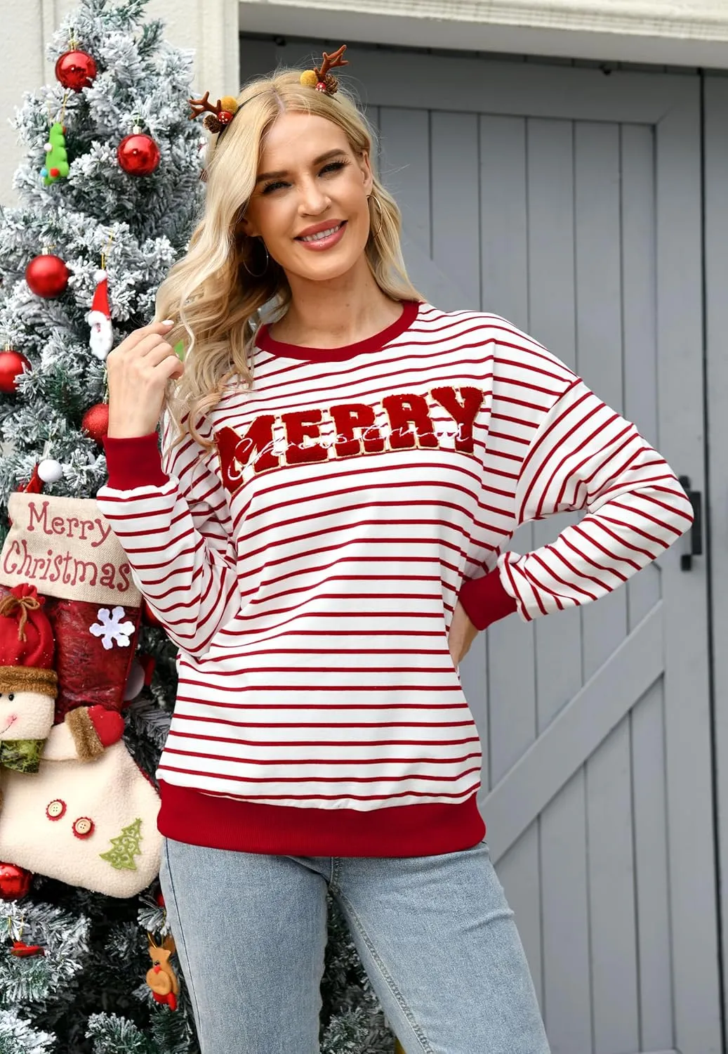 Christmas Sweatshirt for Women Merry Sweater Embroidered Striped Crewneck Sweatshirts Holiday Long Sleeve Pullover