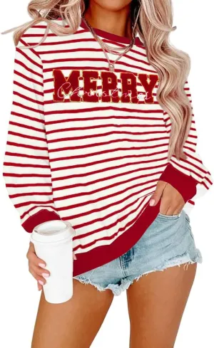 Christmas Sweatshirt for Women Merry Sweater Embroidered Striped Crewneck Sweatshirts Holiday Long Sleeve Pullover
