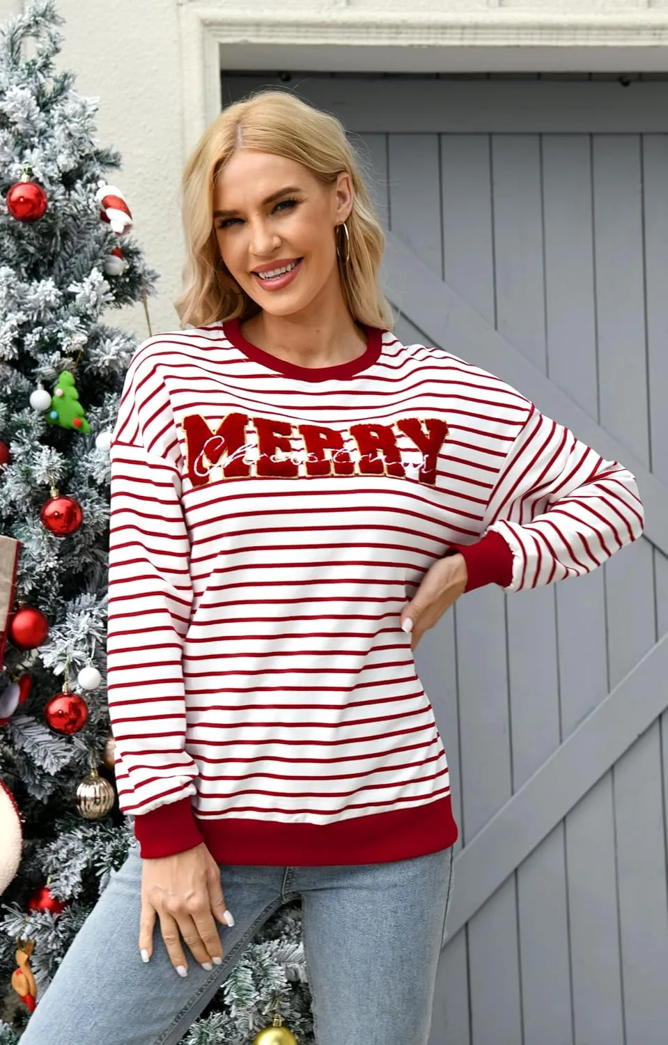 Christmas Sweatshirt for Women Merry Sweater Embroidered Striped Crewneck Sweatshirts Holiday Long Sleeve Pullover