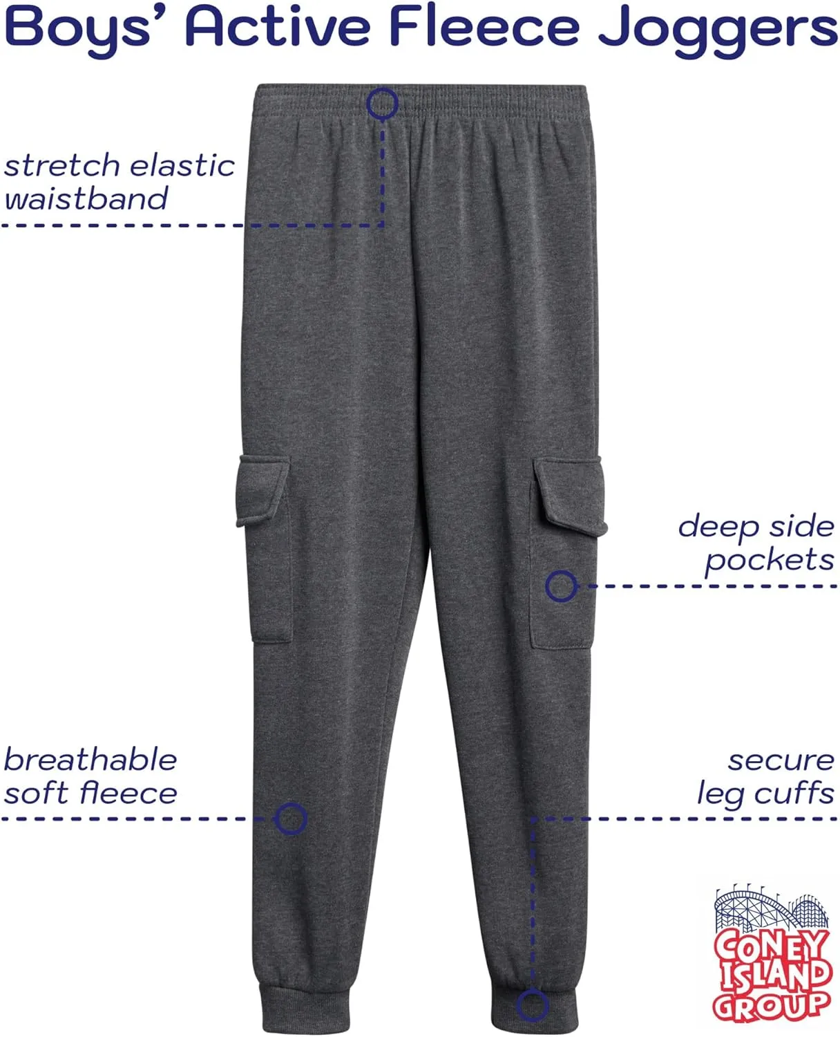 Coney Island Boys Sweatpants - 4 Pack Athletic Performance Soft Fleece Active Joggers for Boys with Side Pockets (Size: 4-16)