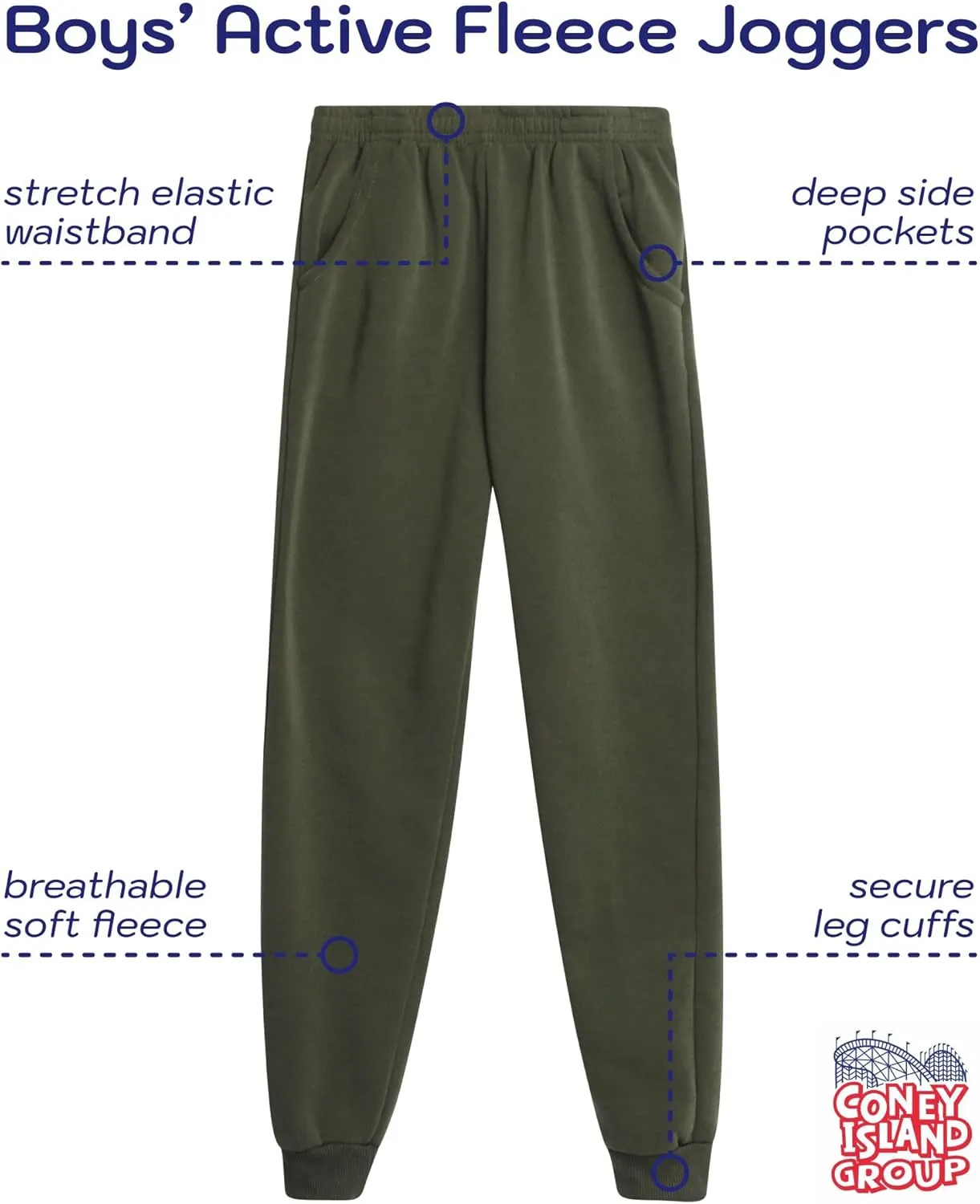 Coney Island Boys Sweatpants - 4 Pack Athletic Performance Soft Fleece Active Joggers for Boys with Side Pockets (Size: 4-16)