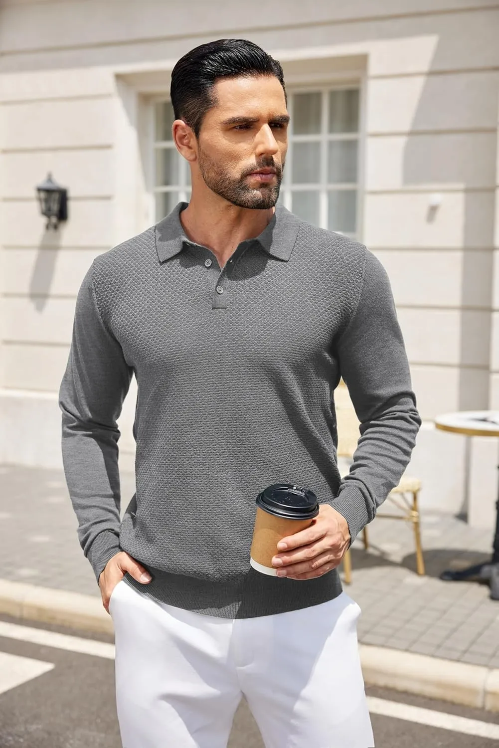 COOFANDY Men's Knit Polo Sweater Long Sleeve Casual Collared Quarter Button Golf Waffle Textured Sweater