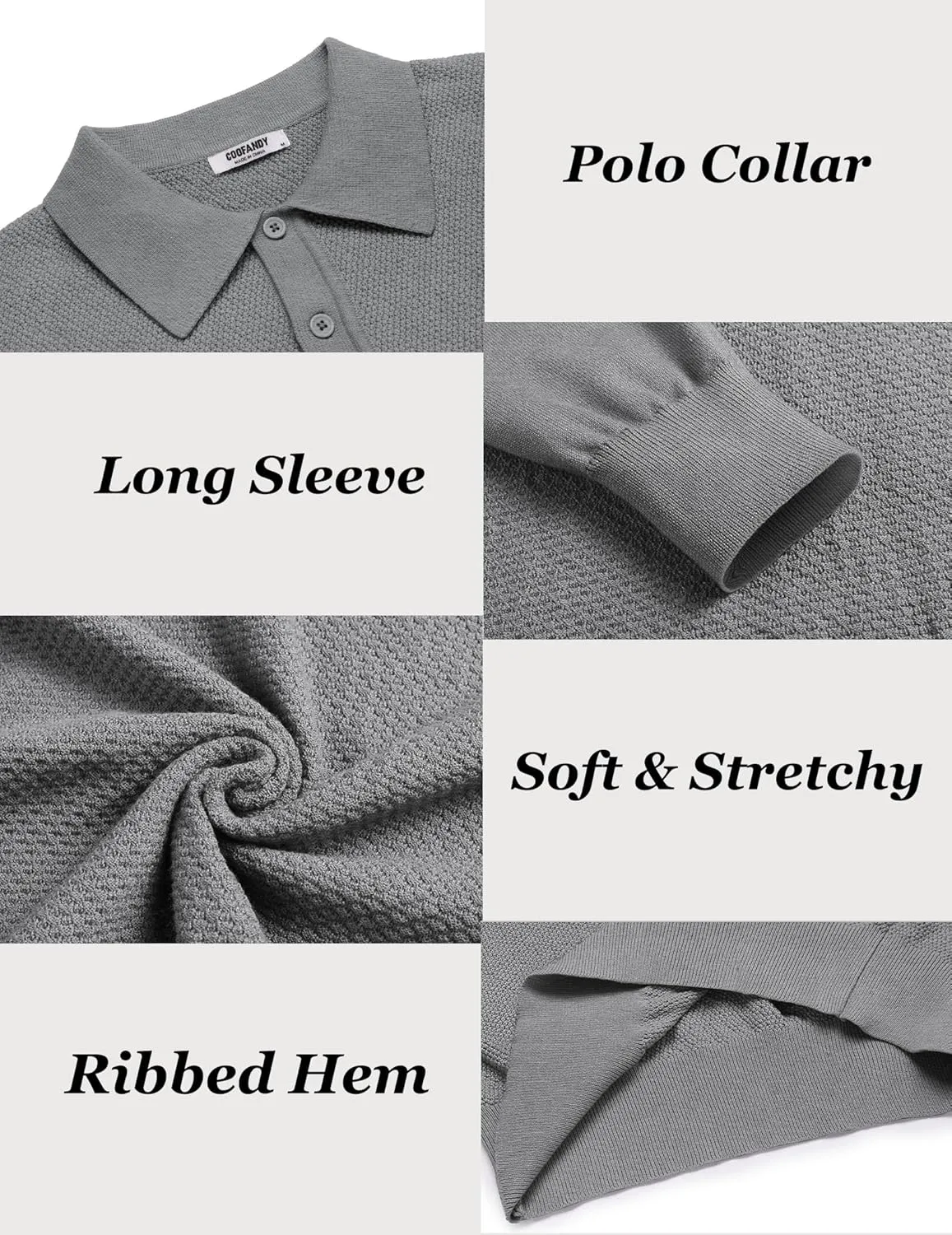 COOFANDY Men's Knit Polo Sweater Long Sleeve Casual Collared Quarter Button Golf Waffle Textured Sweater