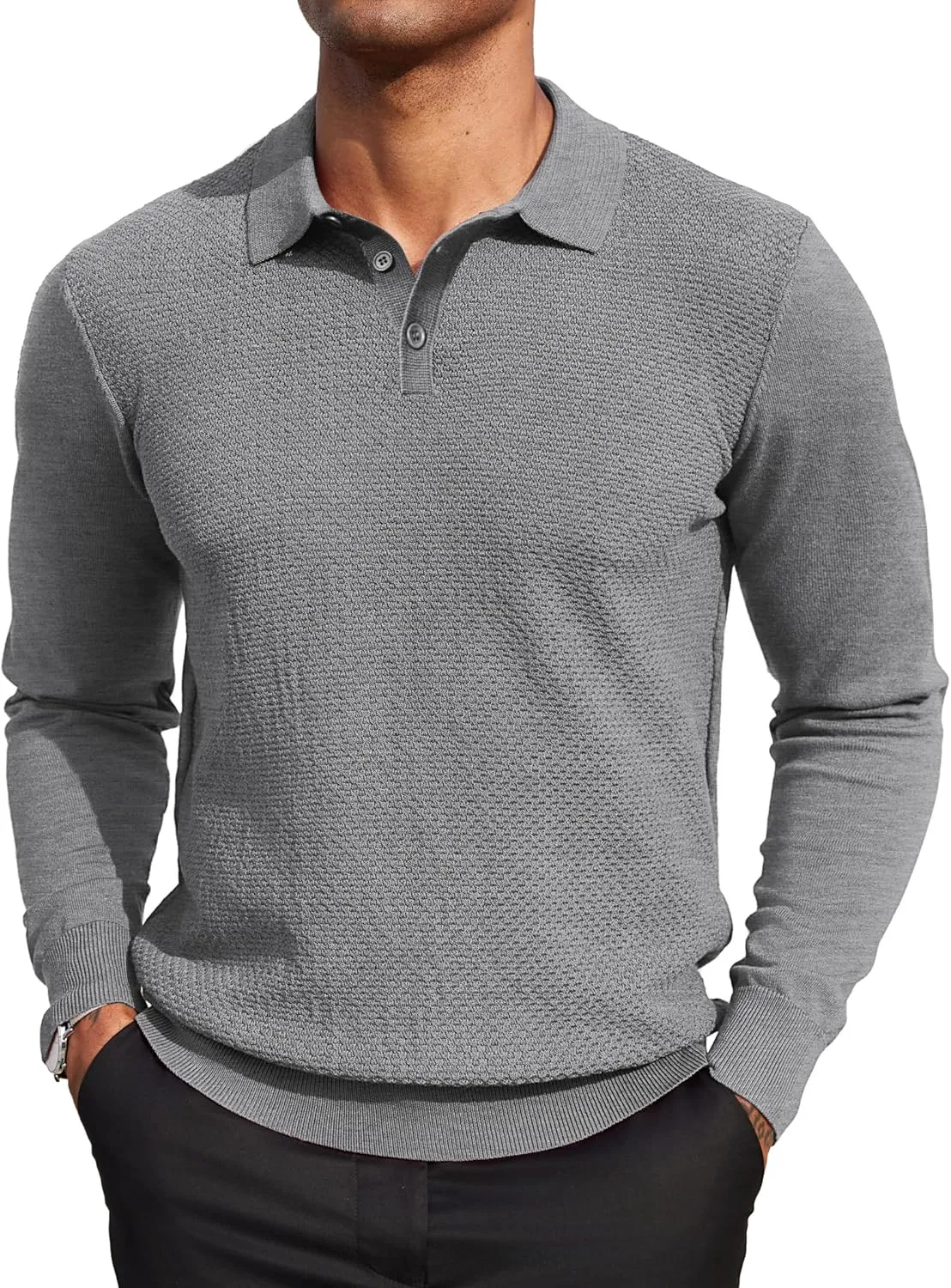 COOFANDY Men's Knit Polo Sweater Long Sleeve Casual Collared Quarter Button Golf Waffle Textured Sweater