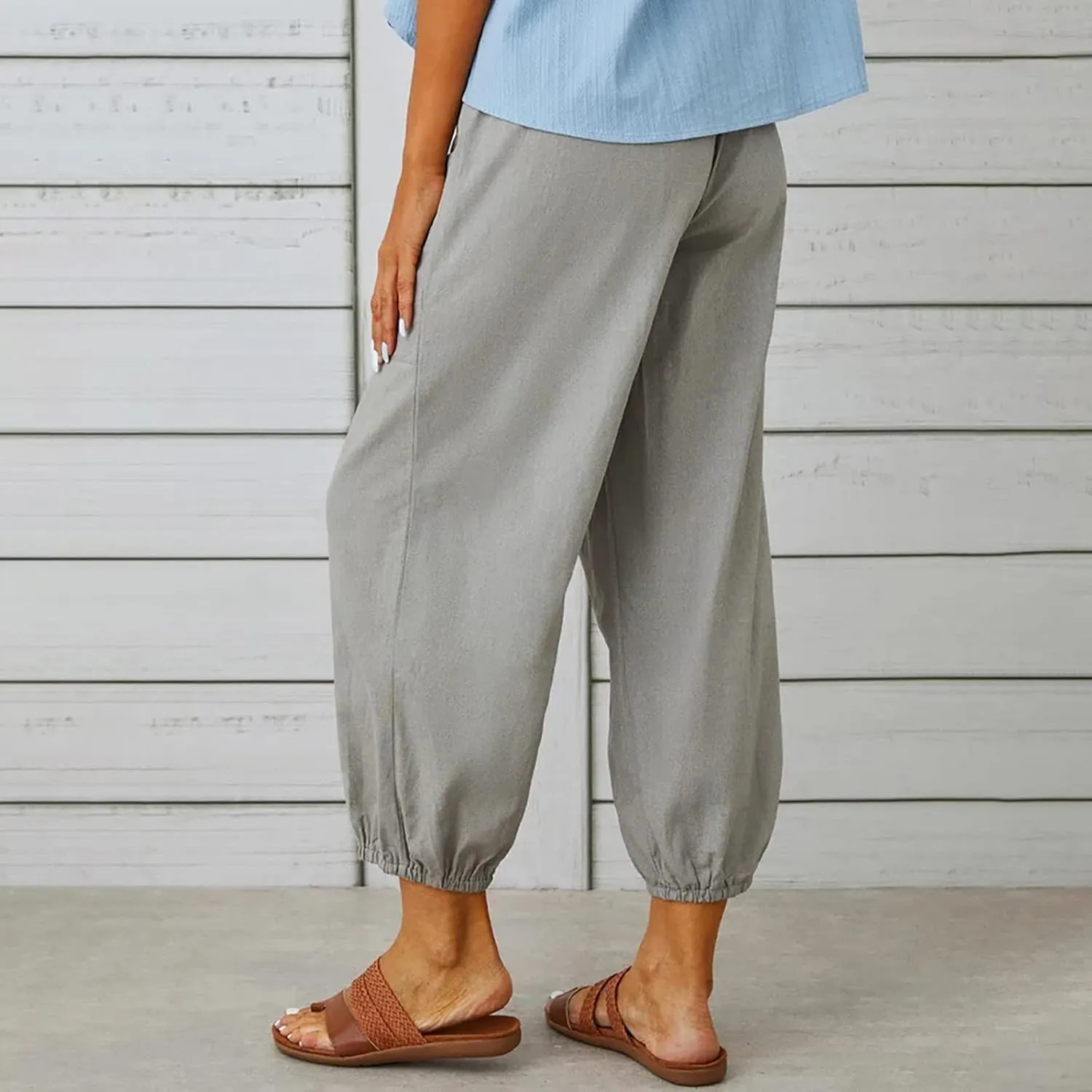 Cotton Linen Pants for Women Casual Summer Elastic High Waist Drawstring Lounge Pant Straight Leg Cropped Trousers